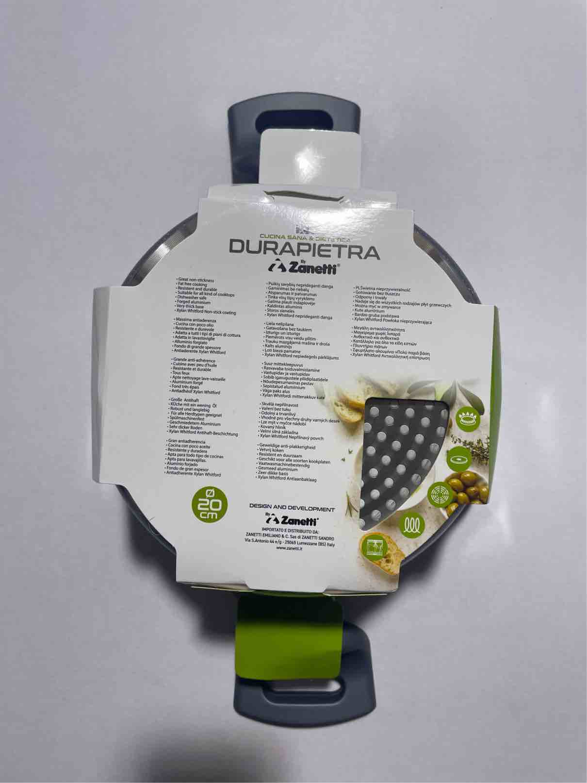 Fondo della casseruola Zanetti Durapietra 20 cm con caratteristiche e compatibilità induzione sull'etichetta