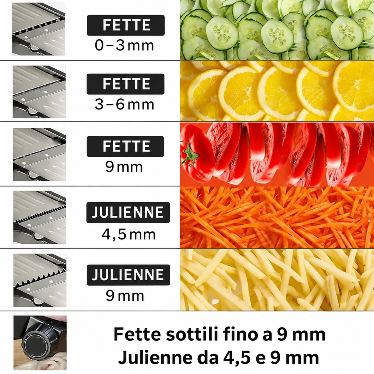 Regolazioni della mandolina per fette e julienne di diversi spessori