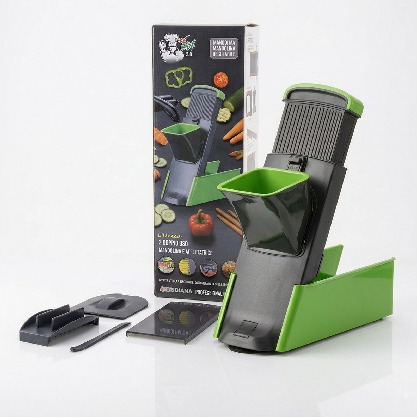 Mandolina verticale verde con accessori e confezione