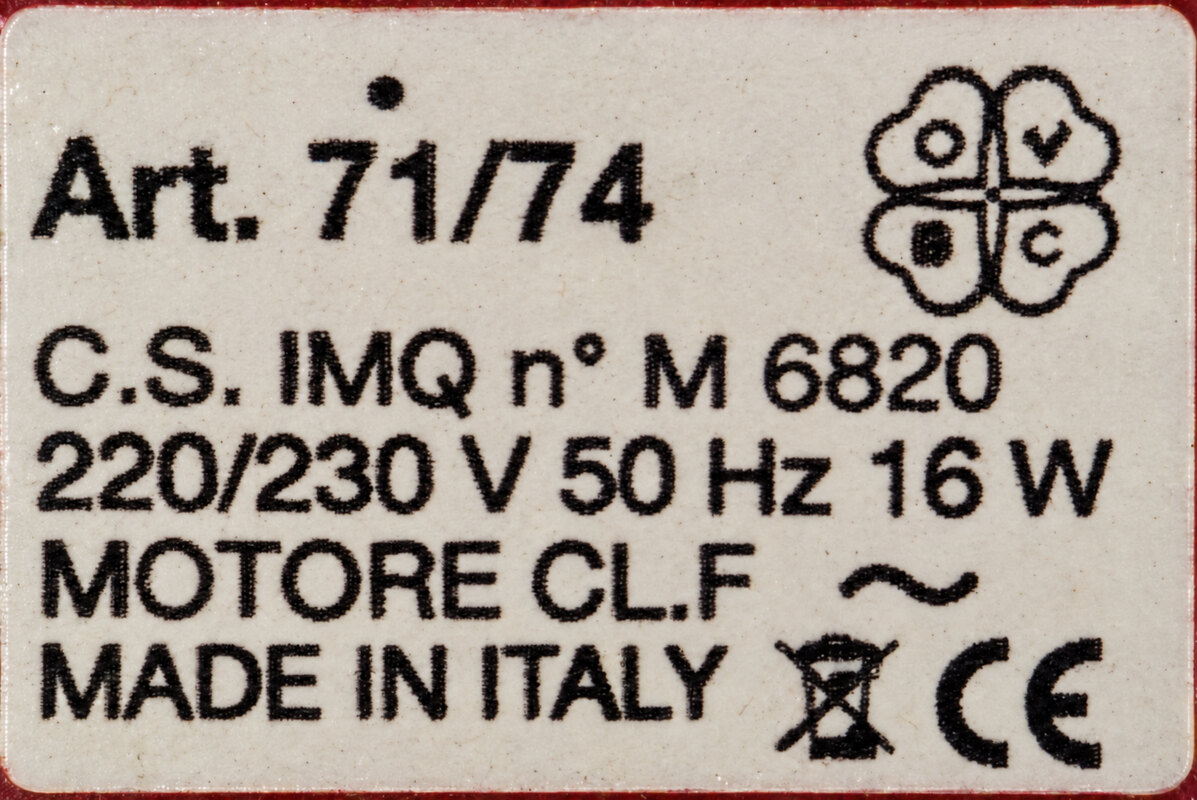 Targhetta del motorino OVBC 71/74 da 16 W, riferimento fotografico per la variante ingranaggi con perno da 6 mm