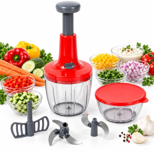 Tritaverdure manuale rosso a pressione con due contenitori e accessori